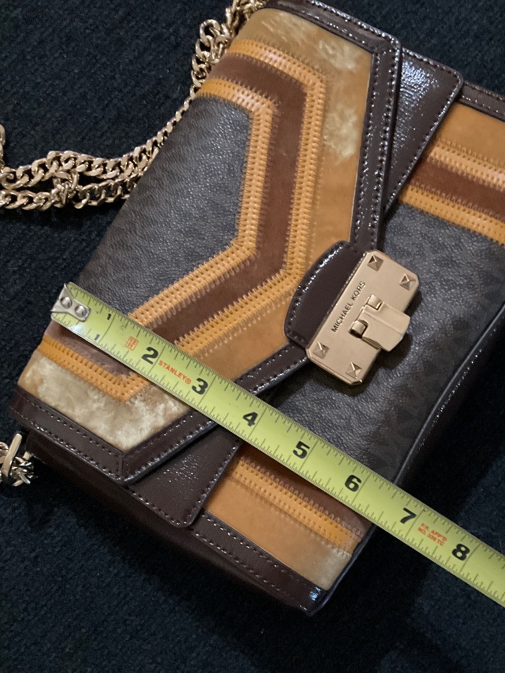 Michael Kors Brown and Mustard Striped Shoulder Bag with Gold Adjustable Chain - Picture 10 of 16